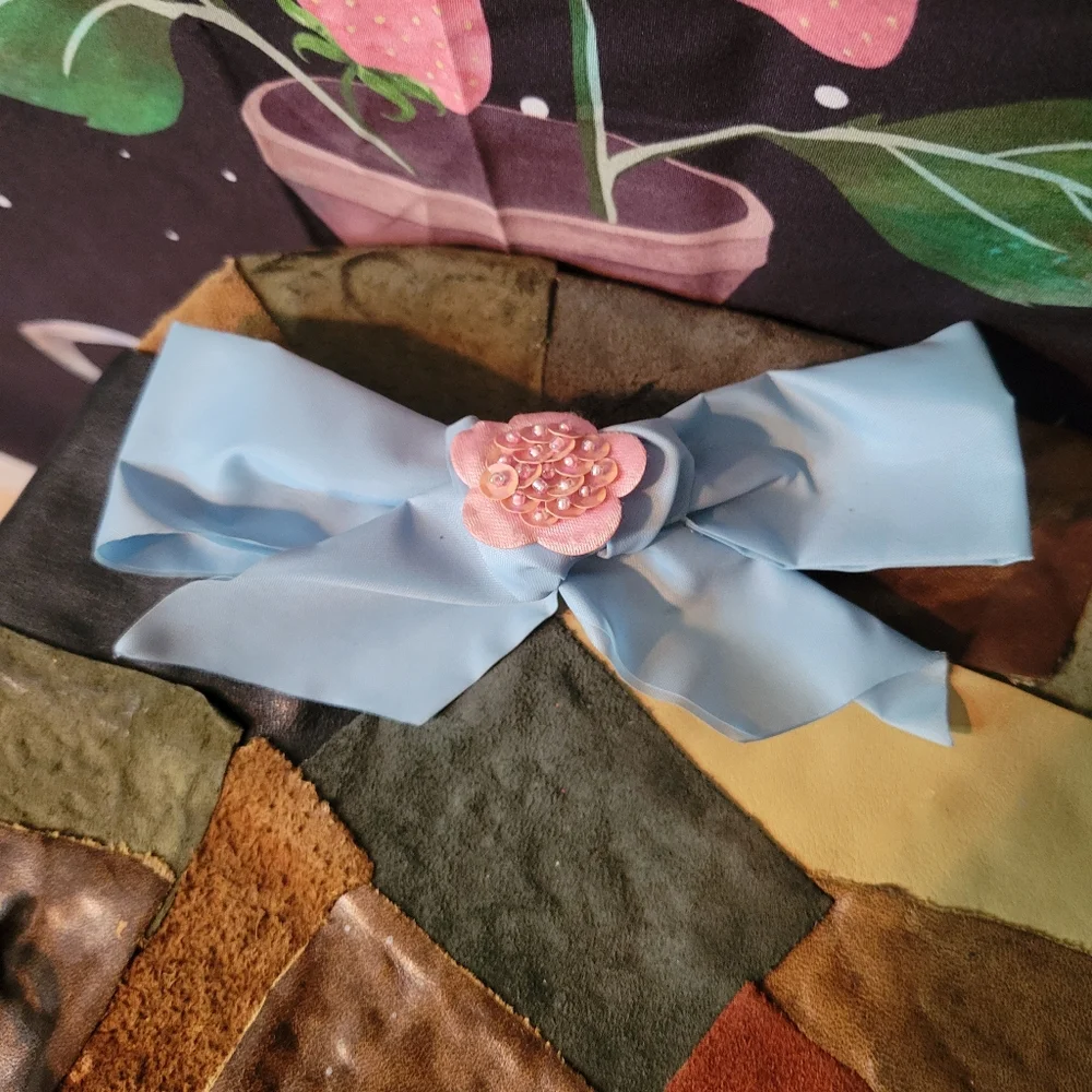 Pastel Blue Ribbon Pink Flower Barrette! Handmade!